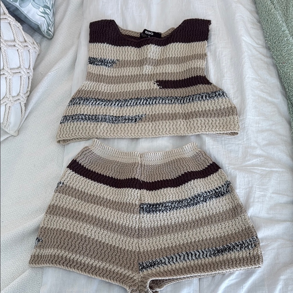 EGO High Waist Knit Shorts Set - Cream, Brown, Gray